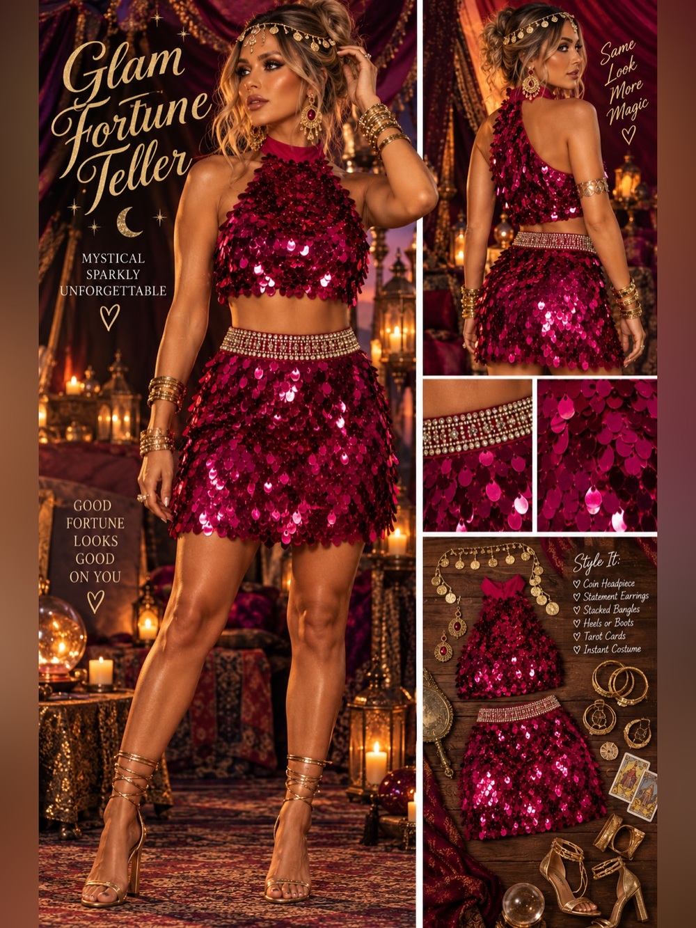 Pink Sequin Two Piece Skirt Set w/ Beaded Waistband - 1198-1204